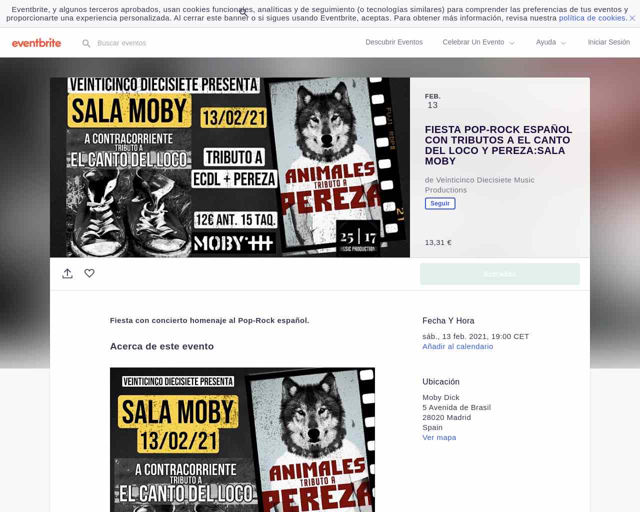 FIESTA POP-ROCK ESPAÑOL CON TRIBUTOS A EL CANTO DEL LOCO Y PEREZA:SALA MOBY Entradas, Sáb, 13 feb. 2021 a las 19:00 | Eventbrite