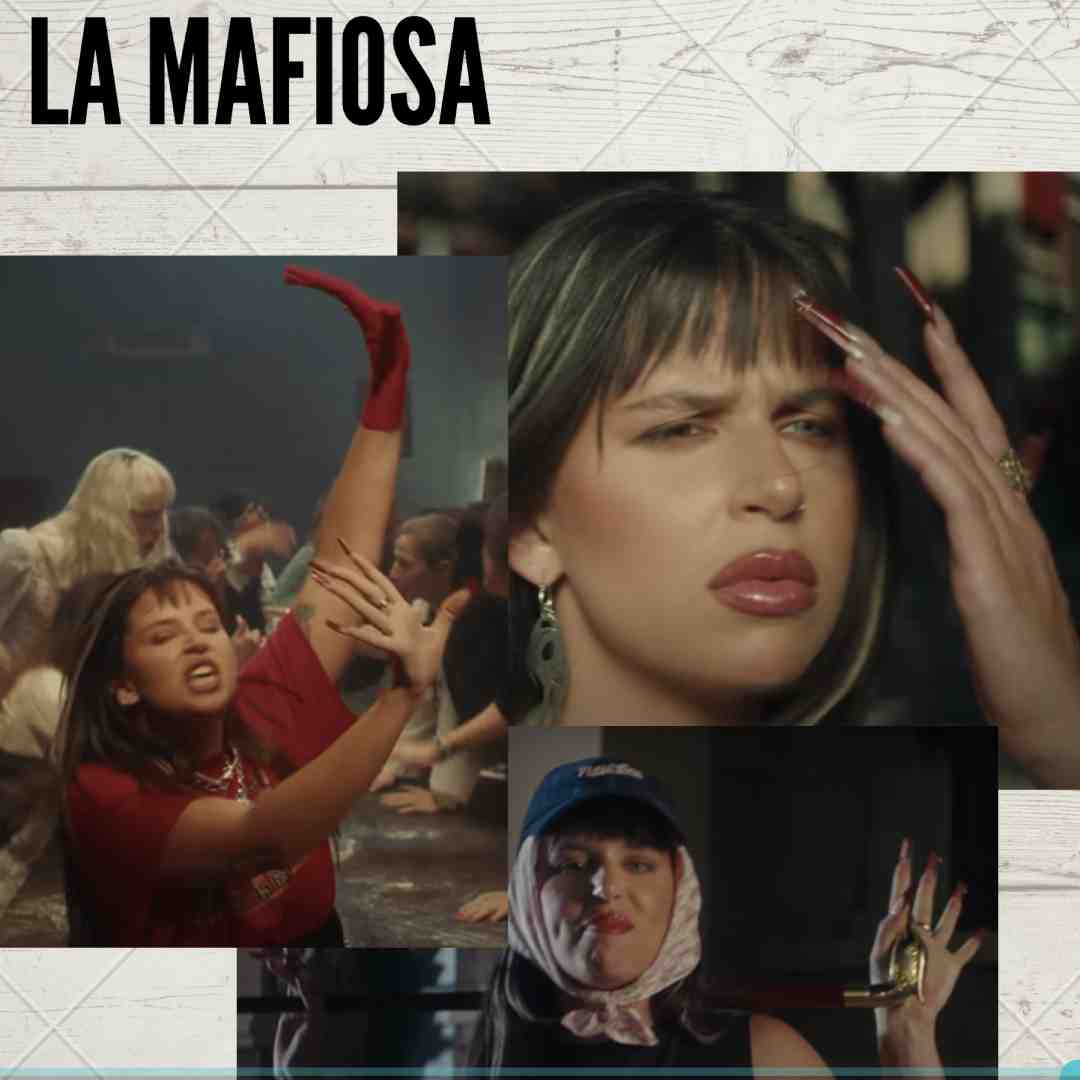 Fotogramas del videoclip de la mafiosa donde se ve un inquietante guante rojo, uñas tipo dragón y un bastón que nadie sabe a cuento de que.